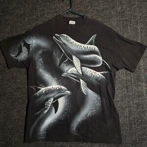 Vintage 90s Hanes Beefy Single Stitch all over print Dolphin tee. mens xl